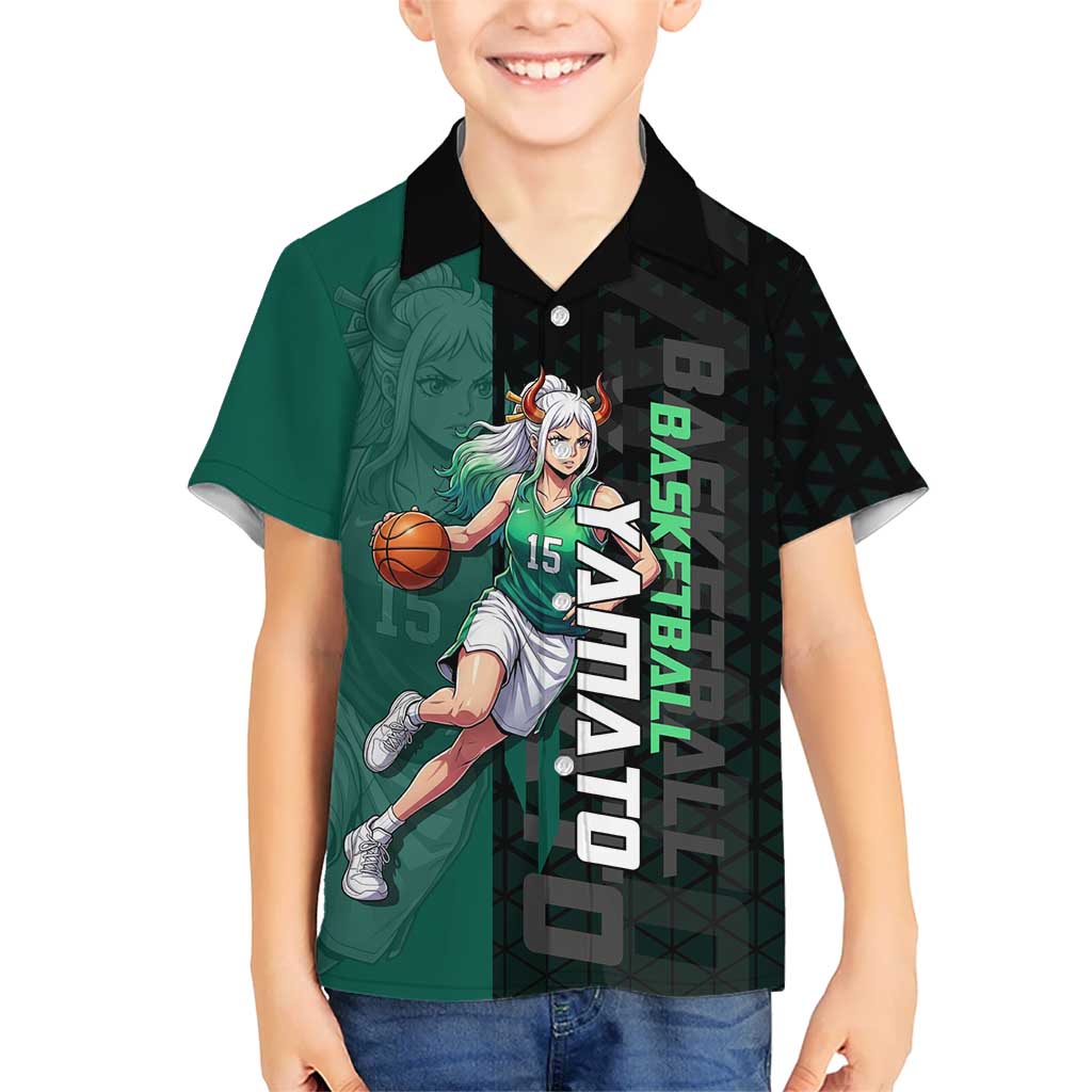 Yamato One Piece Basketball Theme Green and Black Design Hawaiian Shirt with Oni Mask Emblem and Dynamic Pose - The Mazicc