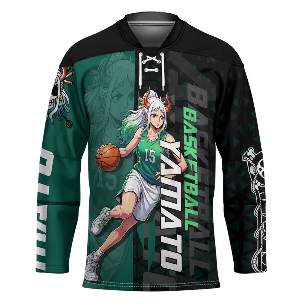 Yamato One Piece Basketball Theme Green and Black Design Hockey Jersey with Oni Mask Emblem and Dynamic Pose - The Mazicc