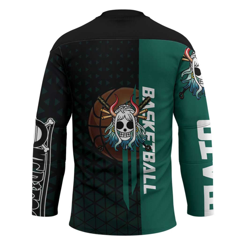 Yamato One Piece Basketball Theme Green and Black Design Hockey Jersey with Oni Mask Emblem and Dynamic Pose - The Mazicc