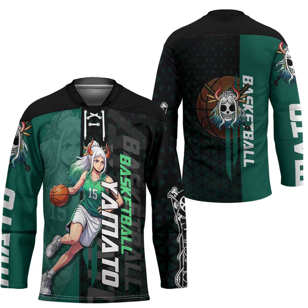 Yamato One Piece Basketball Theme Green and Black Design Hockey Jersey with Oni Mask Emblem and Dynamic Pose - The Mazicc