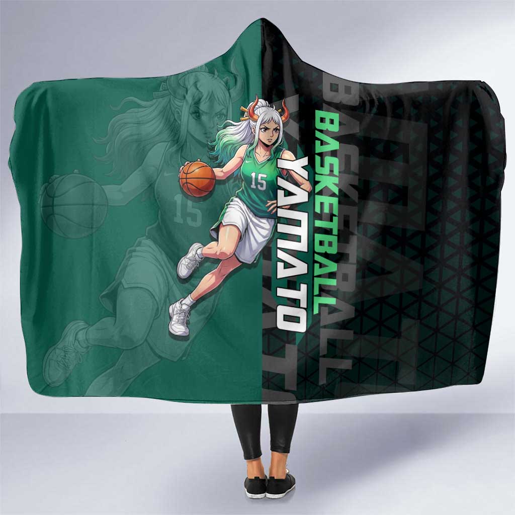 Yamato One Piece Basketball Theme Green and Black Design Hooded Blanket with Oni Mask Emblem and Dynamic Pose - The Mazicc