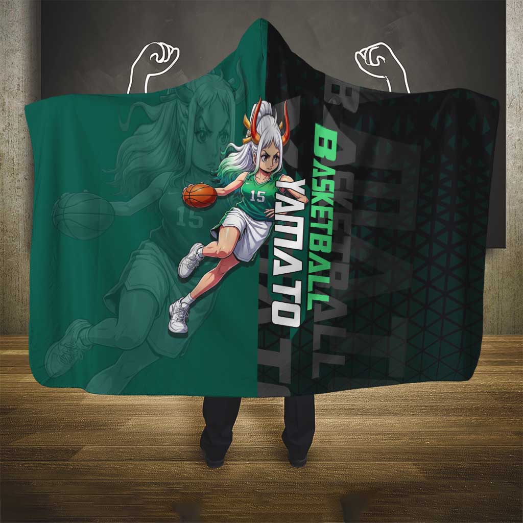 Yamato One Piece Basketball Theme Green and Black Design Hooded Blanket with Oni Mask Emblem and Dynamic Pose - The Mazicc