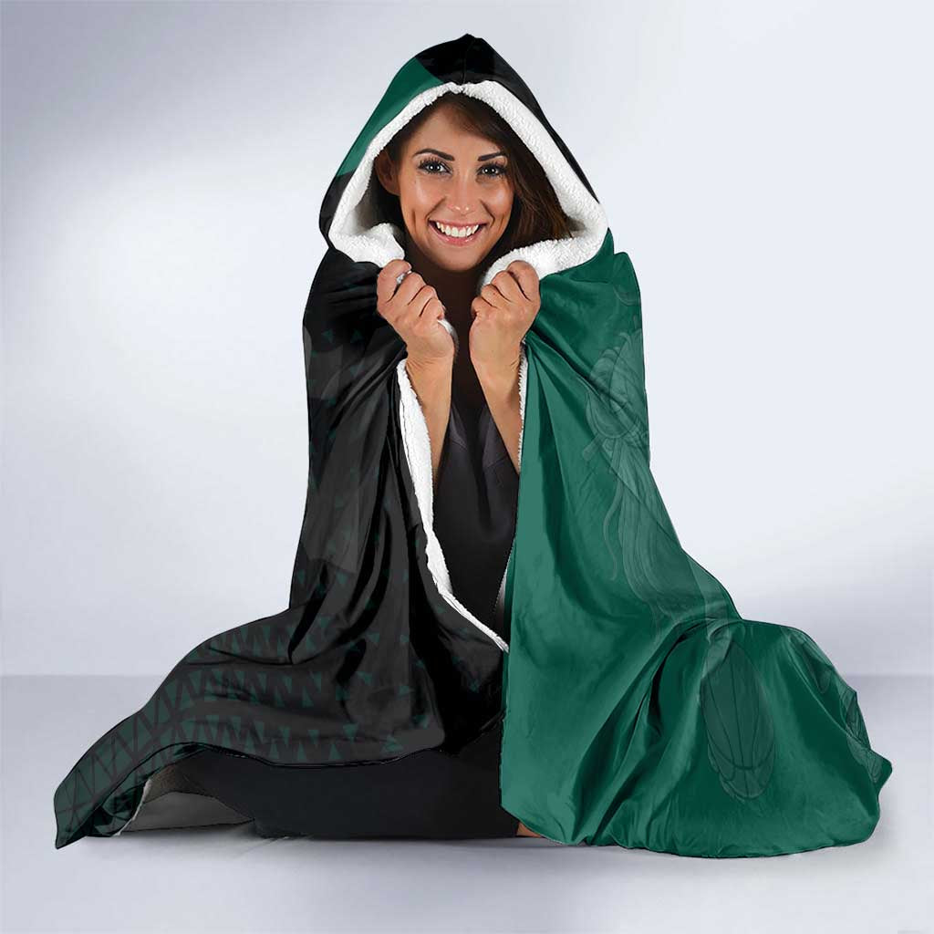 Yamato One Piece Basketball Theme Green and Black Design Hooded Blanket with Oni Mask Emblem and Dynamic Pose - The Mazicc