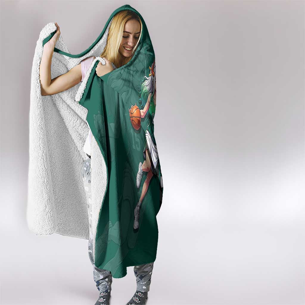 Yamato One Piece Basketball Theme Green and Black Design Hooded Blanket with Oni Mask Emblem and Dynamic Pose - The Mazicc