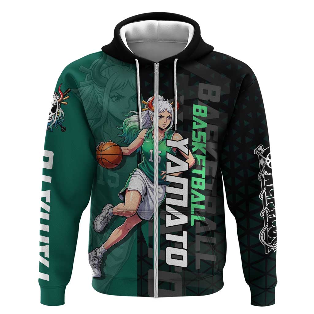 Yamato One Piece Basketball Theme Green and Black Design Hoodie with Oni Mask Emblem and Dynamic Pose - The Mazicc