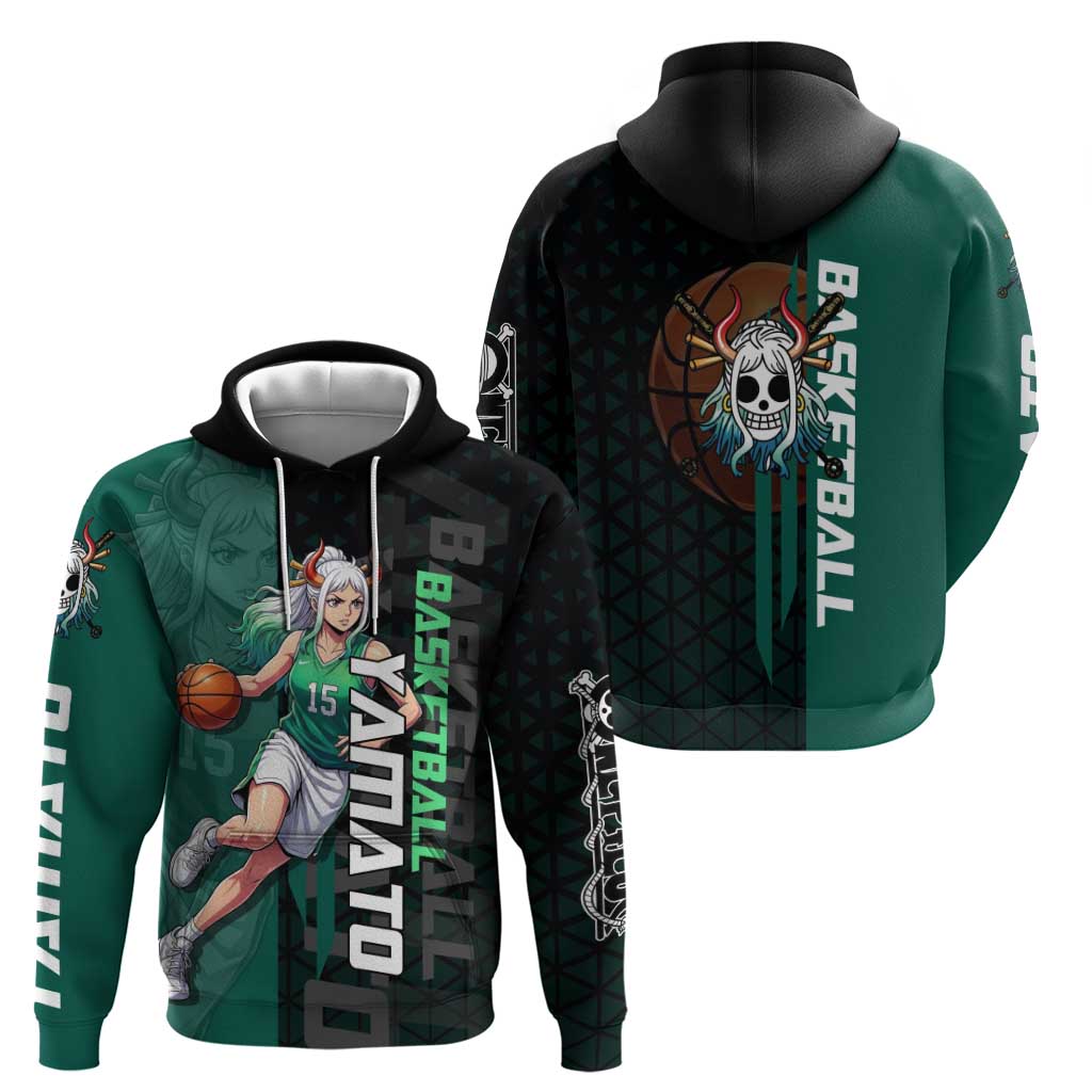 Yamato One Piece Basketball Theme Green and Black Design Hoodie with Oni Mask Emblem and Dynamic Pose - The Mazicc