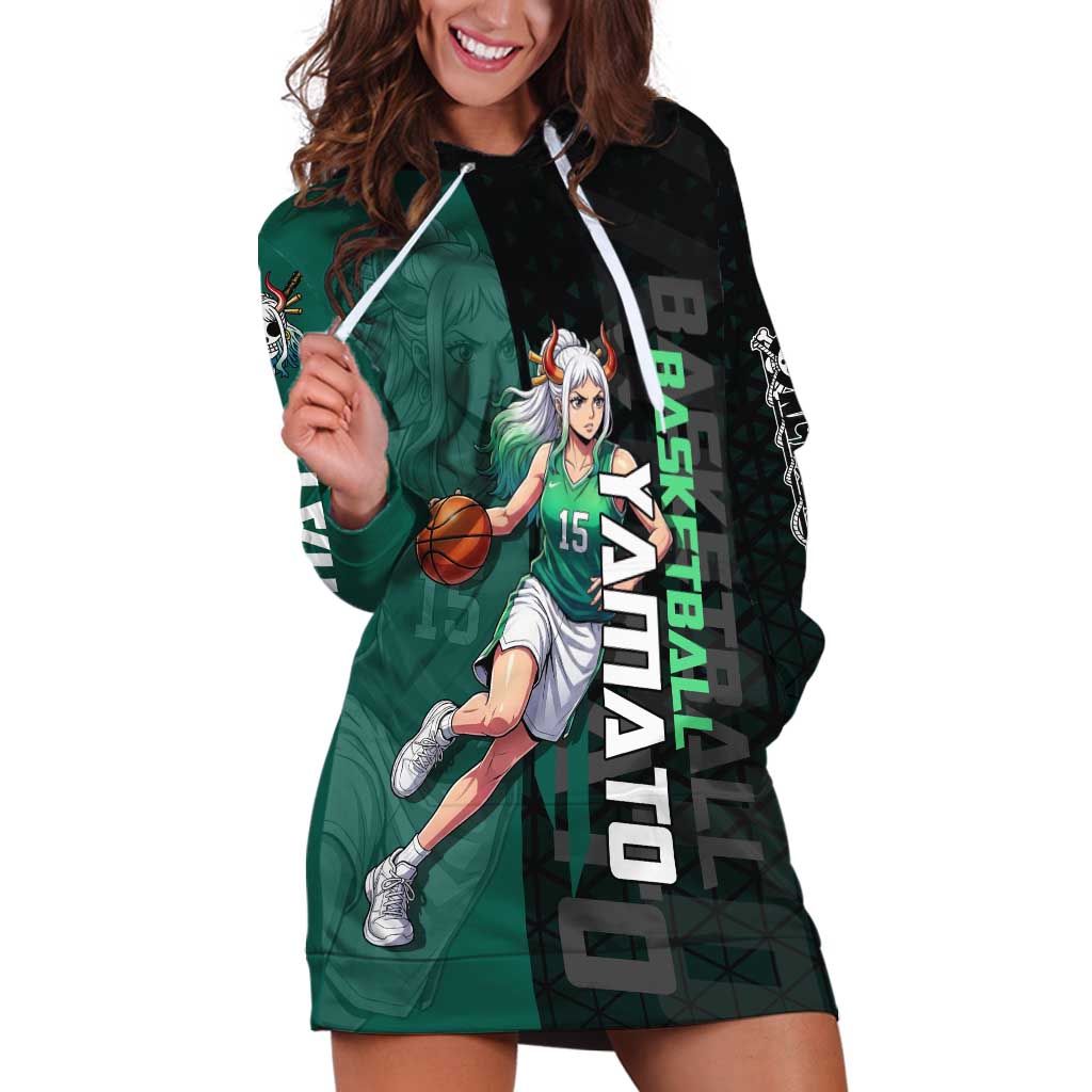 Yamato One Piece Basketball Theme Green and Black Design Hoodie Dress with Oni Mask Emblem and Dynamic Pose - The Mazicc