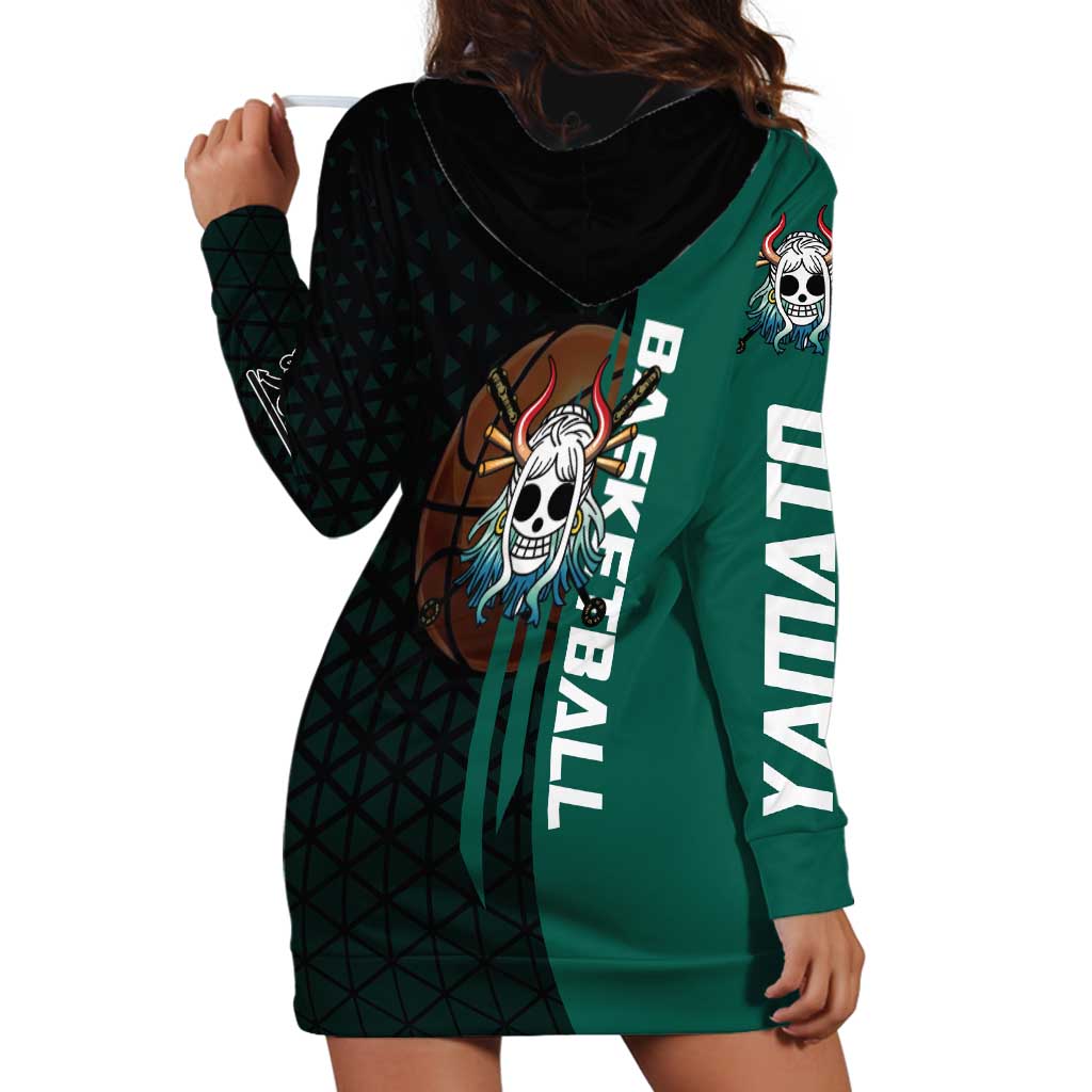 Yamato One Piece Basketball Theme Green and Black Design Hoodie Dress with Oni Mask Emblem and Dynamic Pose - The Mazicc