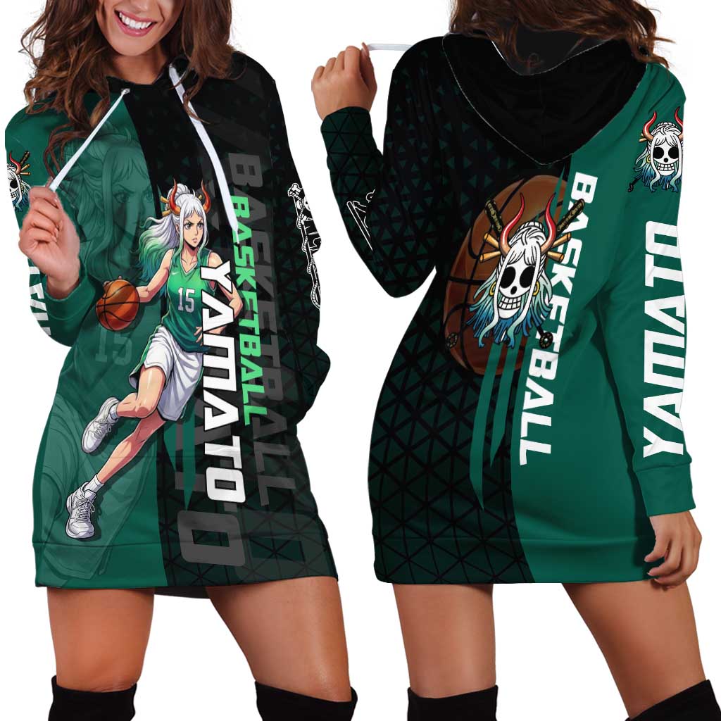 Yamato One Piece Basketball Theme Green and Black Design Hoodie Dress with Oni Mask Emblem and Dynamic Pose - The Mazicc