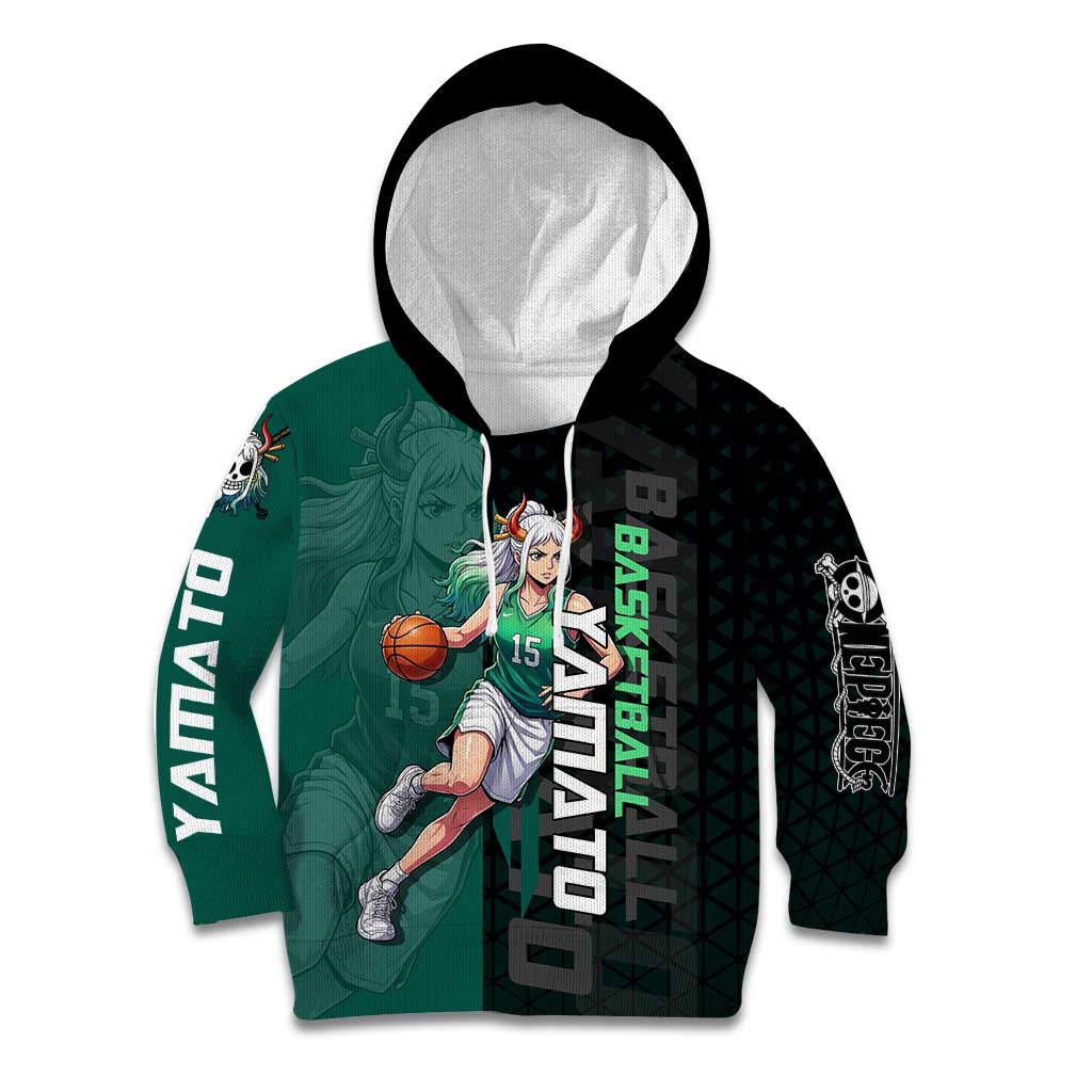 Yamato One Piece Basketball Theme Green and Black Design Kid Hoodie with Oni Mask Emblem and Dynamic Pose - The Mazicc
