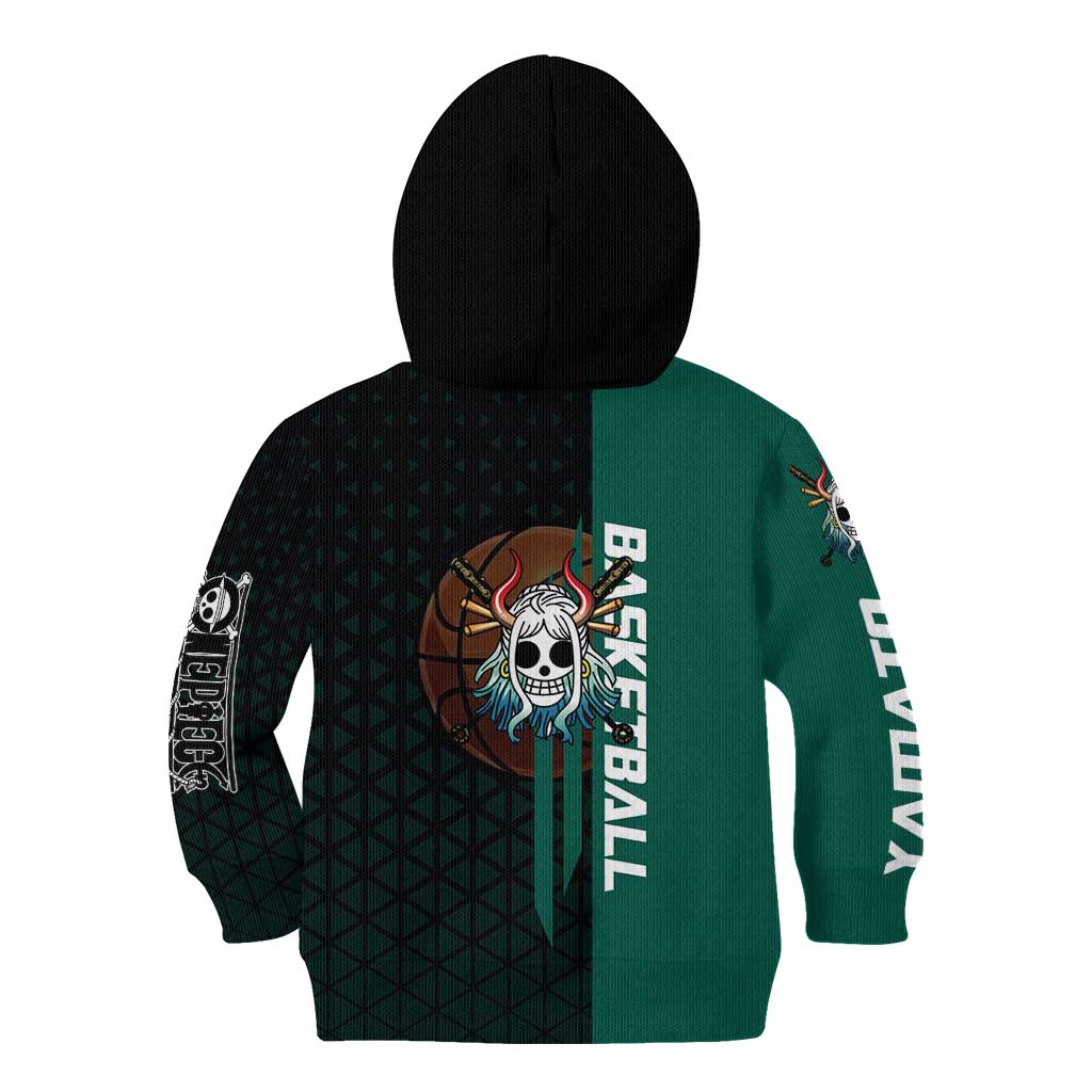 Yamato One Piece Basketball Theme Green and Black Design Kid Hoodie with Oni Mask Emblem and Dynamic Pose - The Mazicc