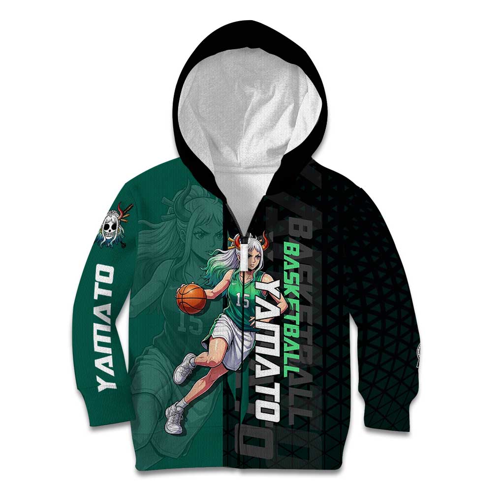 Yamato One Piece Basketball Theme Green and Black Design Kid Hoodie with Oni Mask Emblem and Dynamic Pose - The Mazicc
