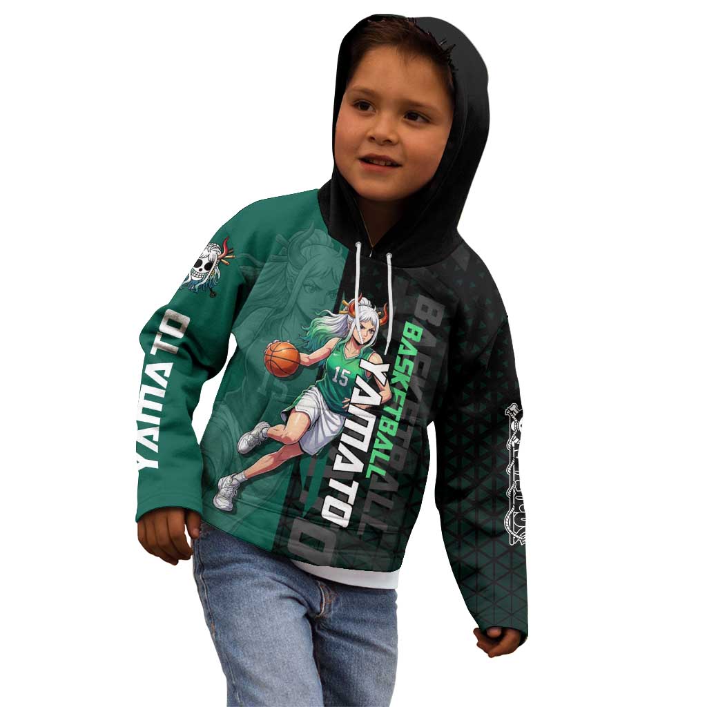 Yamato One Piece Basketball Theme Green and Black Design Kid Hoodie with Oni Mask Emblem and Dynamic Pose - The Mazicc