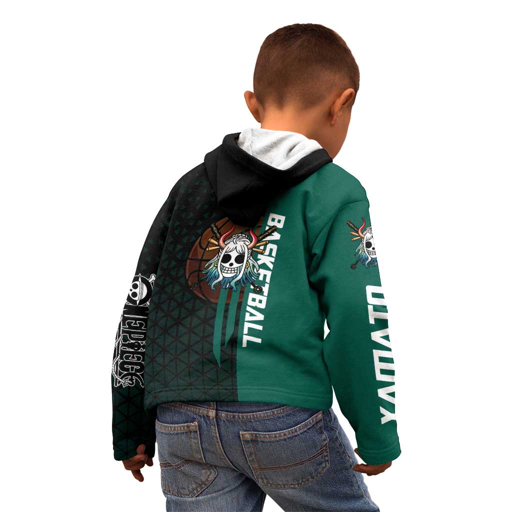 Yamato One Piece Basketball Theme Green and Black Design Kid Hoodie with Oni Mask Emblem and Dynamic Pose - The Mazicc