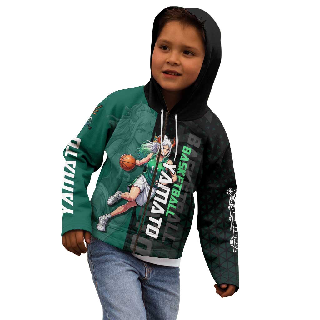 Yamato One Piece Basketball Theme Green and Black Design Kid Hoodie with Oni Mask Emblem and Dynamic Pose - The Mazicc