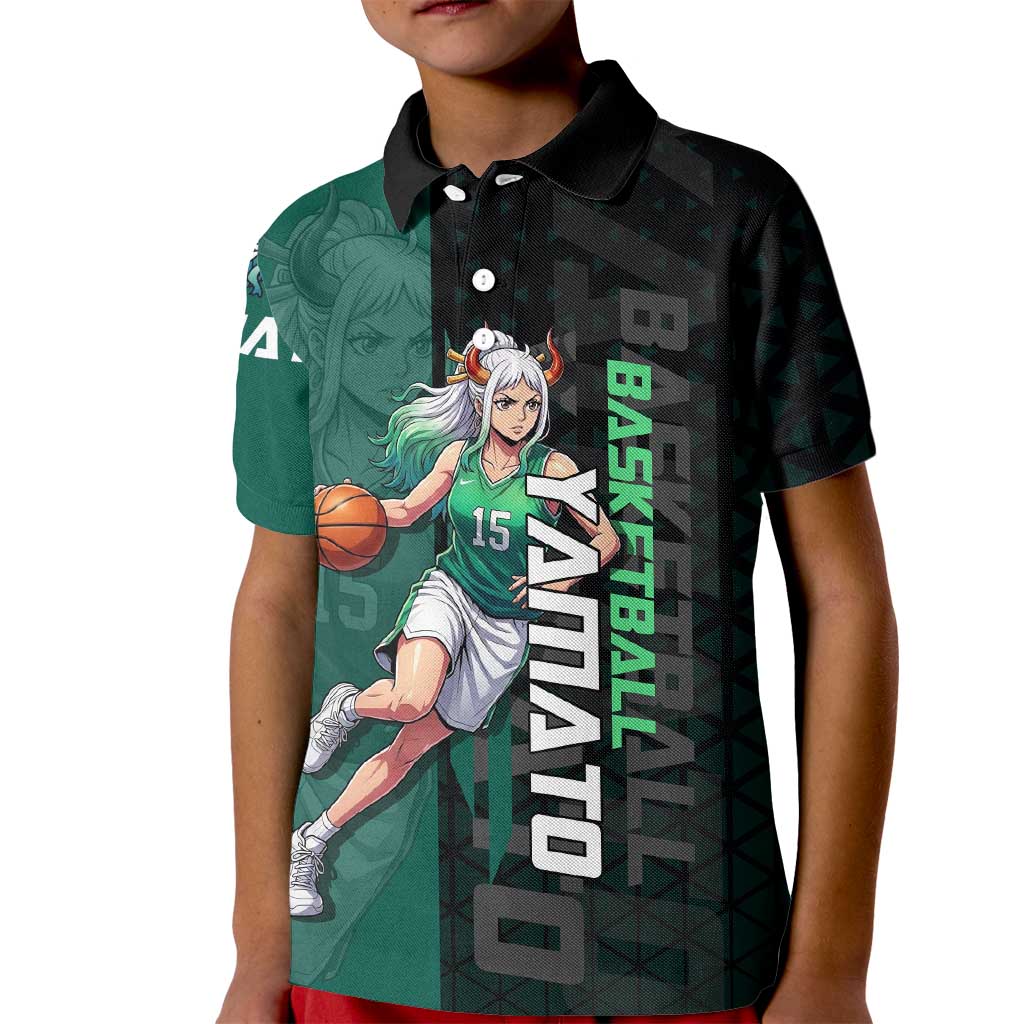 Yamato One Piece Basketball Theme Green and Black Design Kid Polo Shirt with Oni Mask Emblem and Dynamic Pose - The Mazicc
