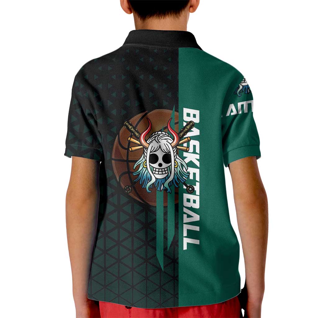 Yamato One Piece Basketball Theme Green and Black Design Kid Polo Shirt with Oni Mask Emblem and Dynamic Pose - The Mazicc