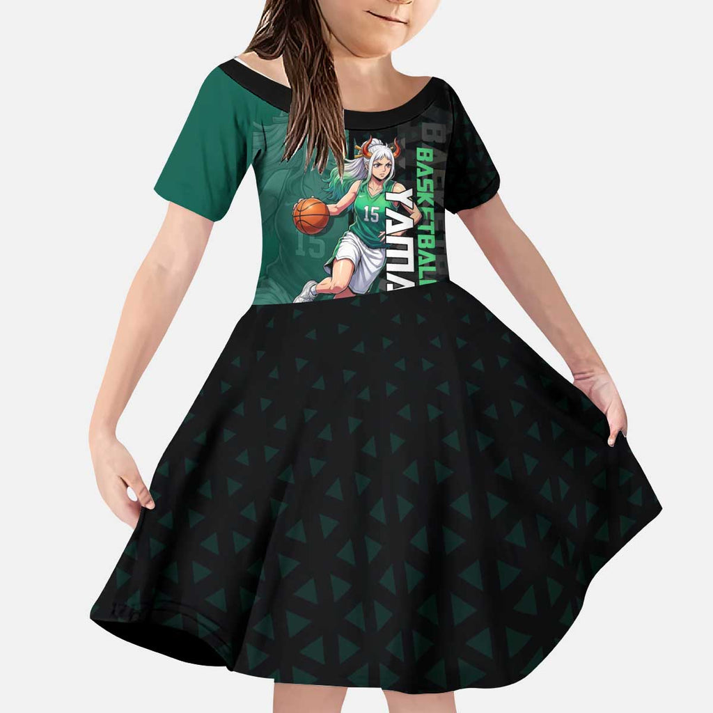 Yamato One Piece Basketball Theme Green and Black Design Kid Short Sleeve Dress with Oni Mask Emblem and Dynamic Pose - The Mazicc