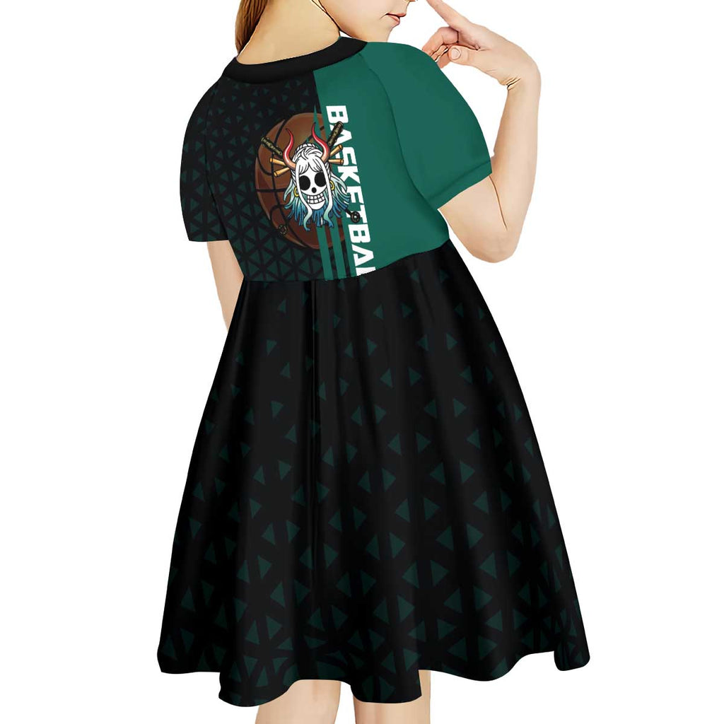 Yamato One Piece Basketball Theme Green and Black Design Kid Short Sleeve Dress with Oni Mask Emblem and Dynamic Pose - The Mazicc