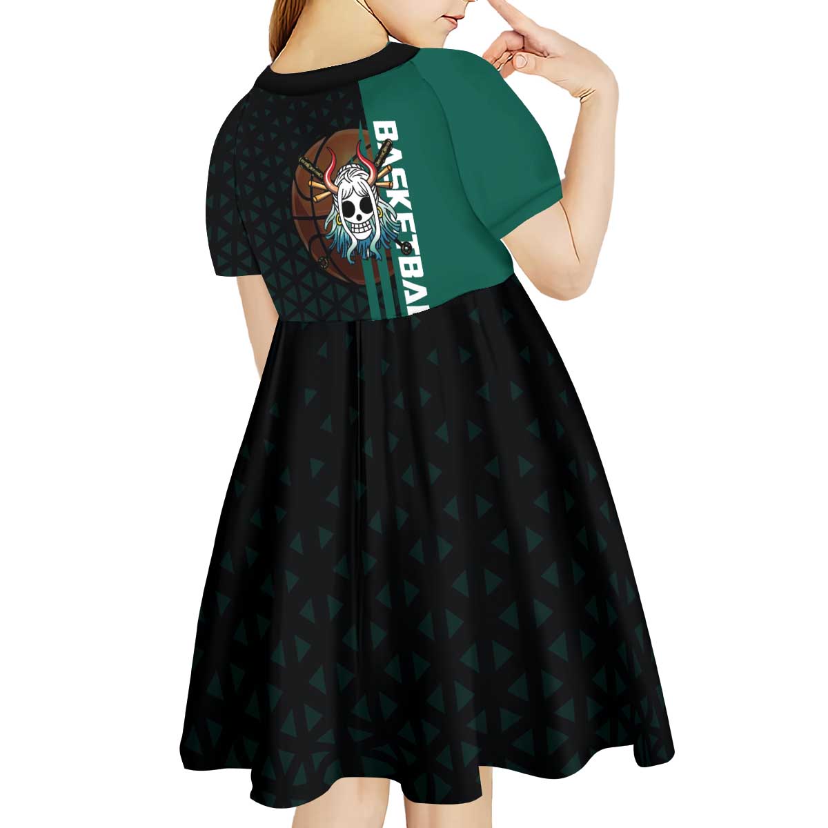 Yamato One Piece Basketball Theme Green and Black Design Kid Short Sleeve Dress with Oni Mask Emblem and Dynamic Pose - The Mazicc