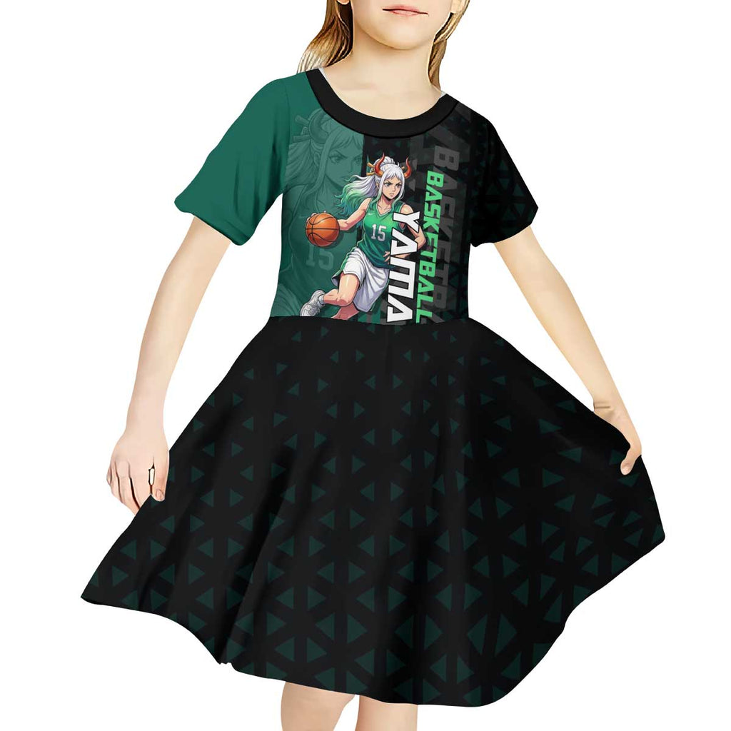 Yamato One Piece Basketball Theme Green and Black Design Kid Short Sleeve Dress with Oni Mask Emblem and Dynamic Pose - The Mazicc