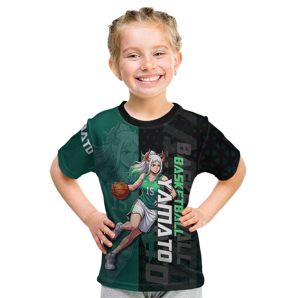 Yamato One Piece Basketball Theme Green and Black Design Kid T Shirt with Oni Mask Emblem and Dynamic Pose - The Mazicc