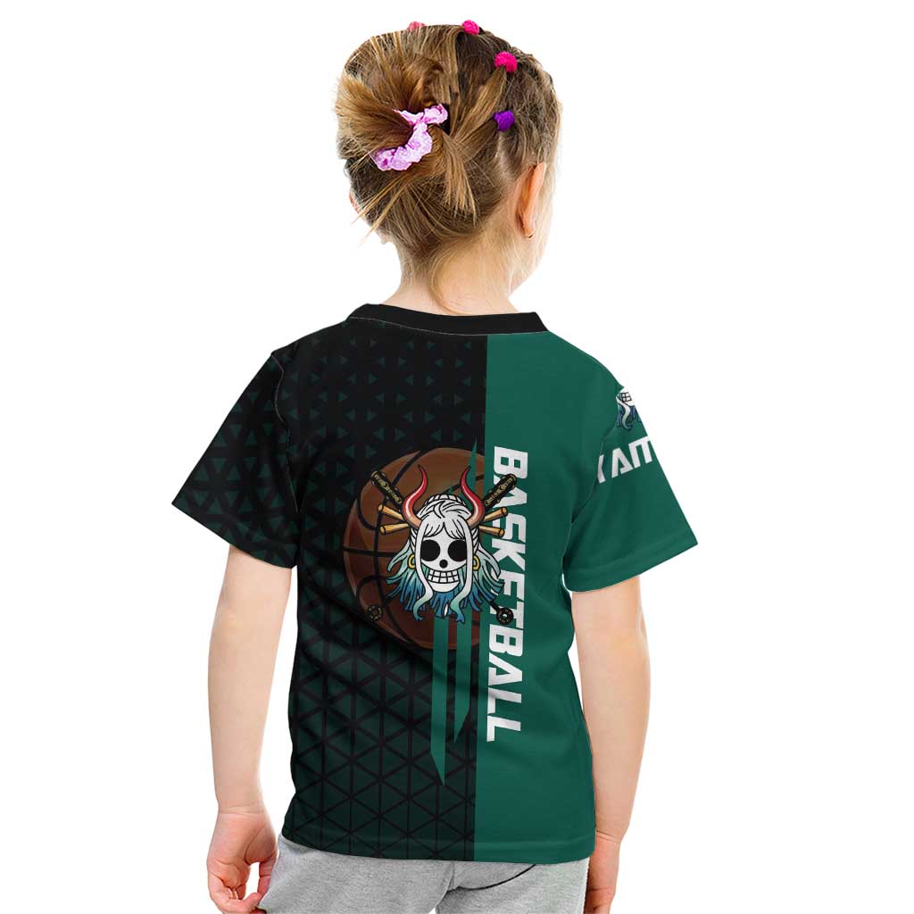 Yamato One Piece Basketball Theme Green and Black Design Kid T Shirt with Oni Mask Emblem and Dynamic Pose - The Mazicc