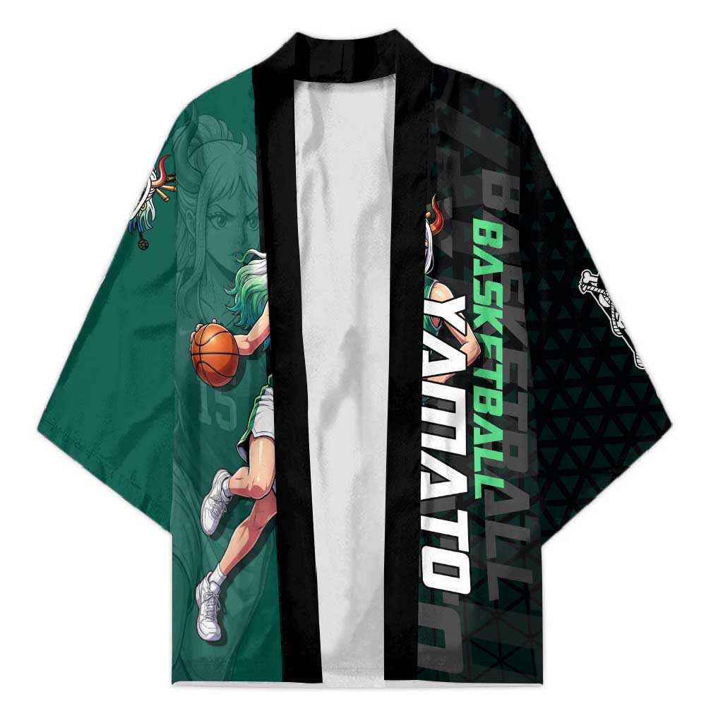 Yamato One Piece Basketball Theme Green and Black Design Kimono with Oni Mask Emblem and Dynamic Pose - The Mazicc