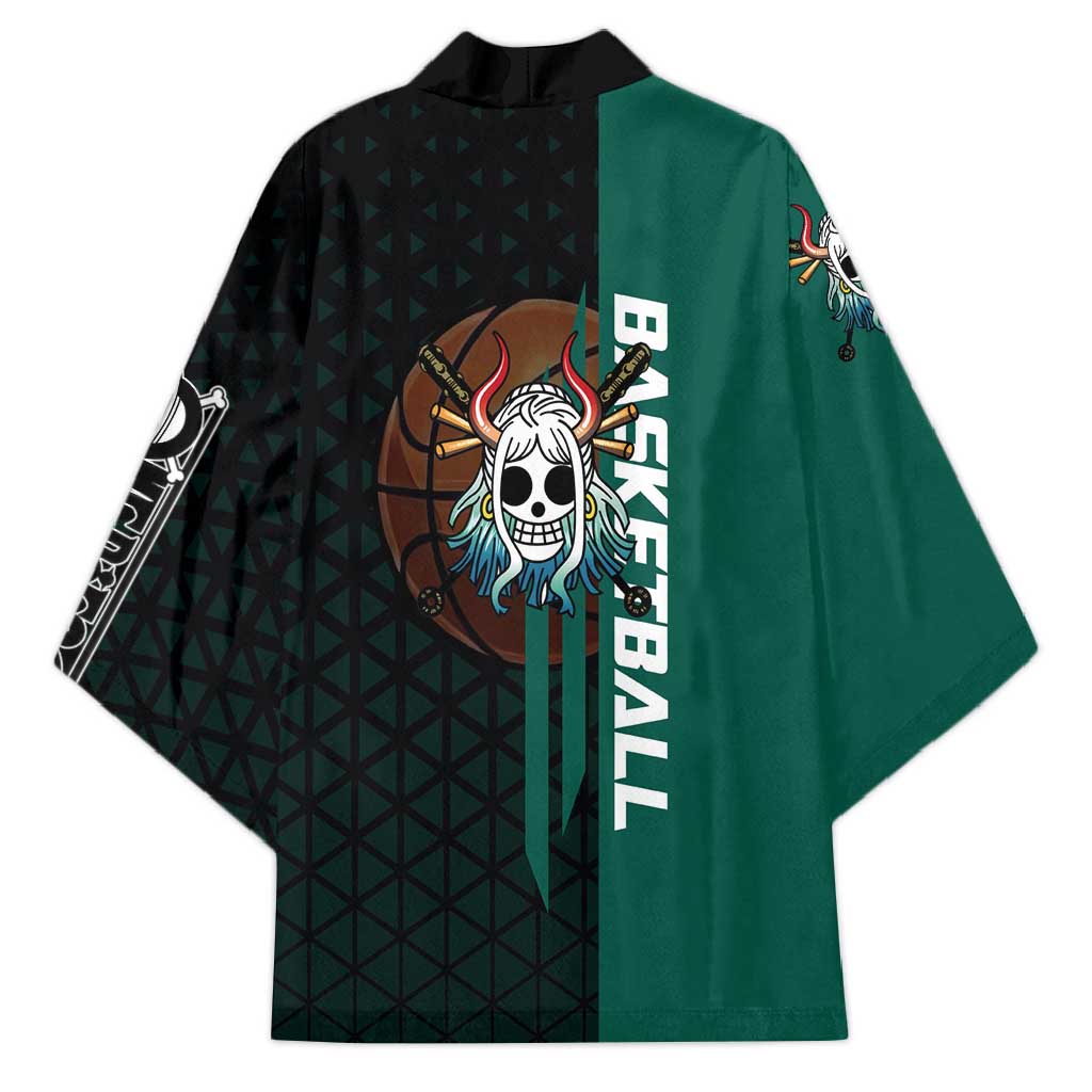 Yamato One Piece Basketball Theme Green and Black Design Kimono with Oni Mask Emblem and Dynamic Pose - The Mazicc