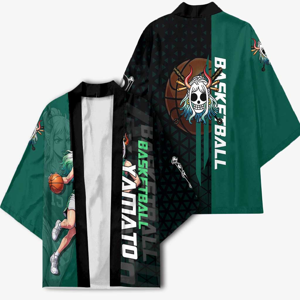 Yamato One Piece Basketball Theme Green and Black Design Kimono with Oni Mask Emblem and Dynamic Pose - The Mazicc