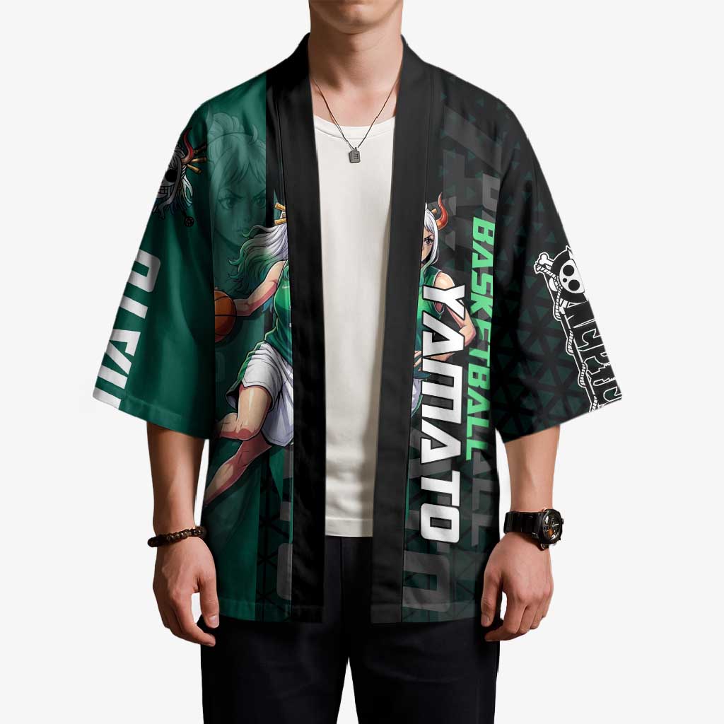 Yamato One Piece Basketball Theme Green and Black Design Kimono with Oni Mask Emblem and Dynamic Pose - The Mazicc