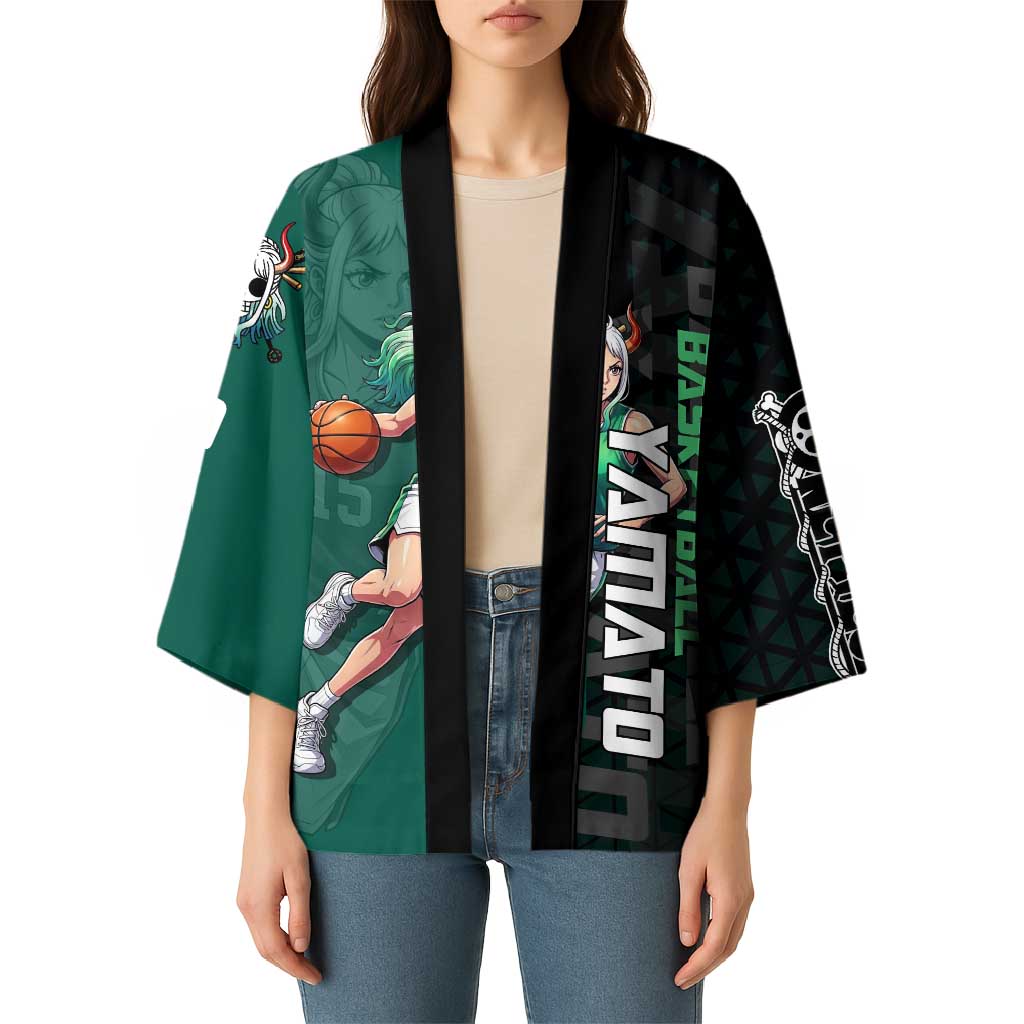 Yamato One Piece Basketball Theme Green and Black Design Kimono with Oni Mask Emblem and Dynamic Pose - The Mazicc
