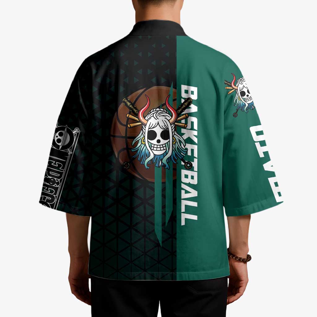 Yamato One Piece Basketball Theme Green and Black Design Kimono with Oni Mask Emblem and Dynamic Pose - The Mazicc