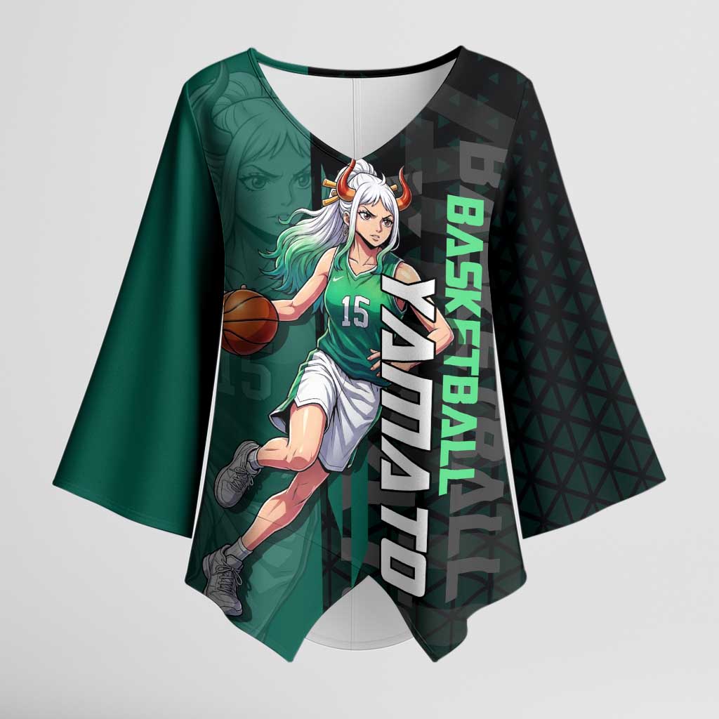 Yamato One Piece Basketball Theme Green and Black Design Kimono Sleeve Blouse with Oni Mask Emblem and Dynamic Pose - The Mazicc
