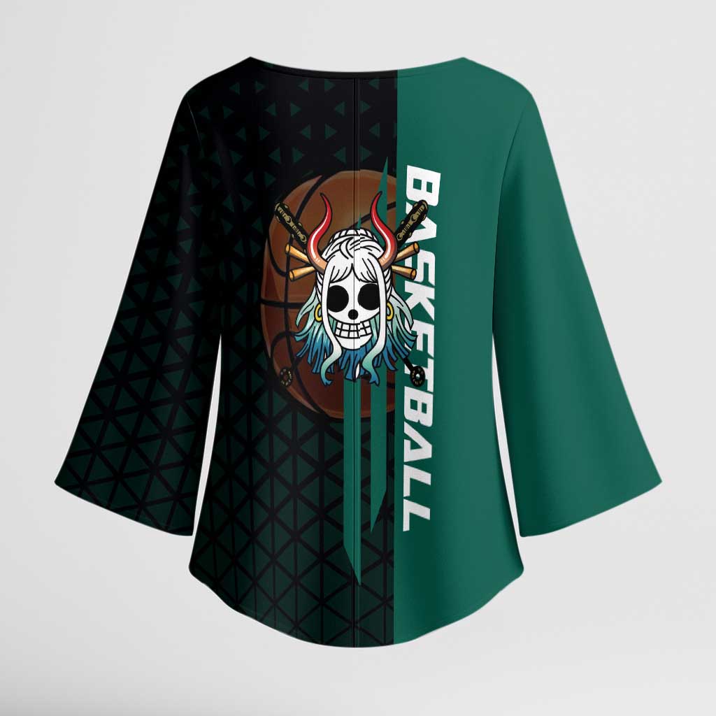 Yamato One Piece Basketball Theme Green and Black Design Kimono Sleeve Blouse with Oni Mask Emblem and Dynamic Pose - The Mazicc