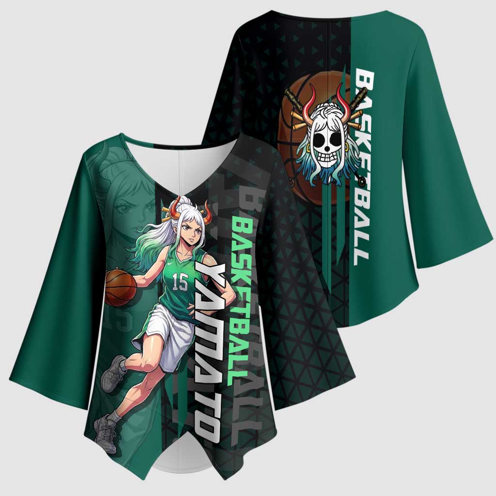 Yamato One Piece Basketball Theme Green and Black Design Kimono Sleeve Blouse with Oni Mask Emblem and Dynamic Pose - The Mazicc