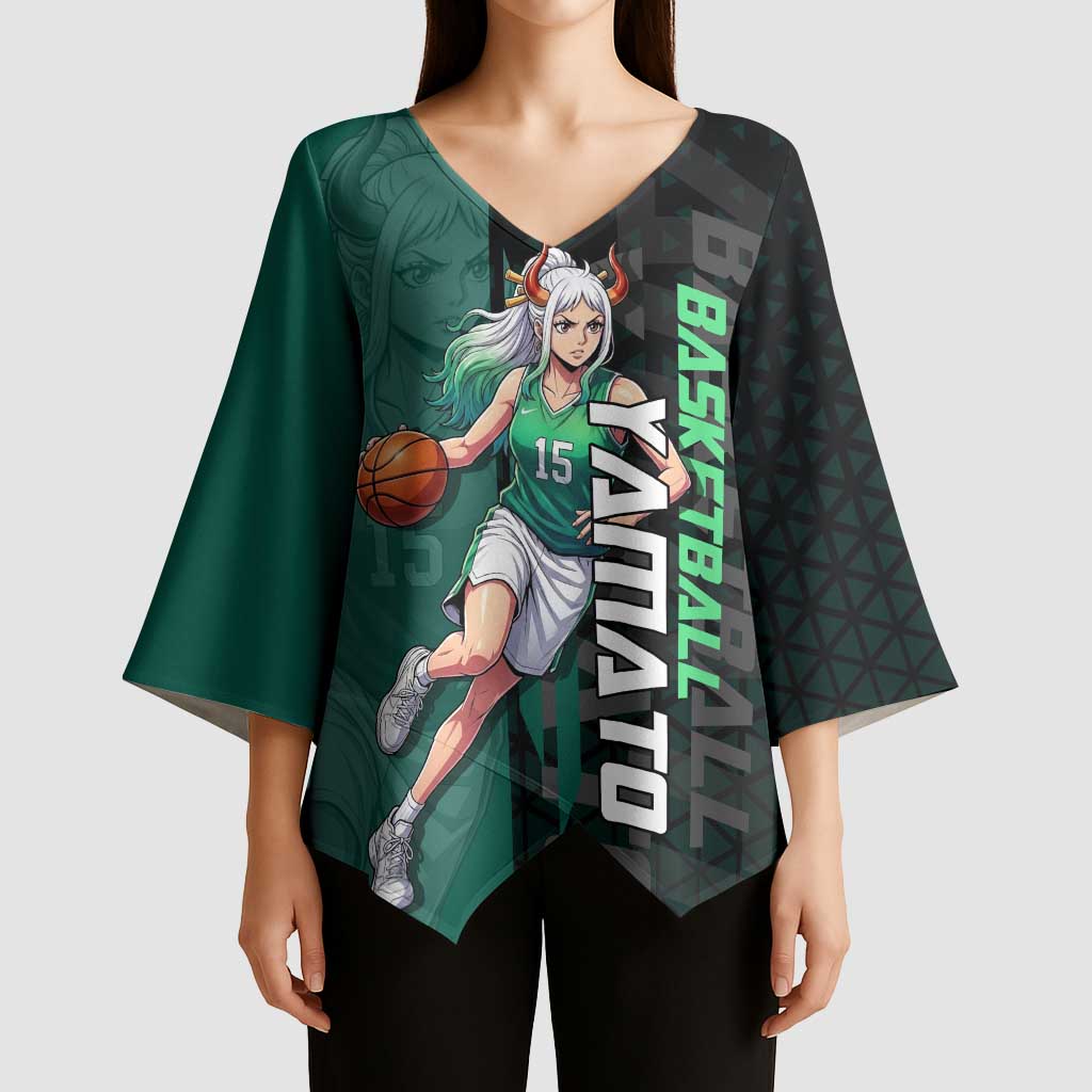 Yamato One Piece Basketball Theme Green and Black Design Kimono Sleeve Blouse with Oni Mask Emblem and Dynamic Pose - The Mazicc