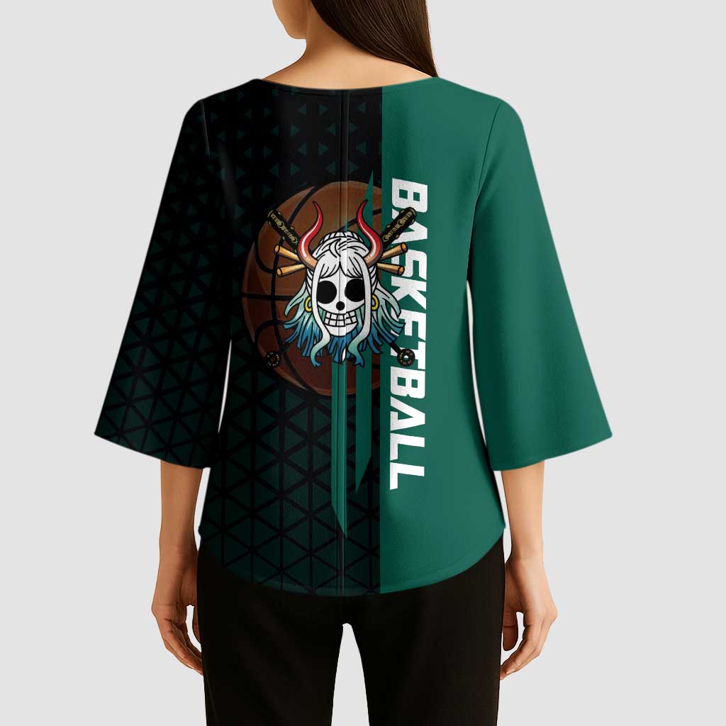 Yamato One Piece Basketball Theme Green and Black Design Kimono Sleeve Blouse with Oni Mask Emblem and Dynamic Pose - The Mazicc