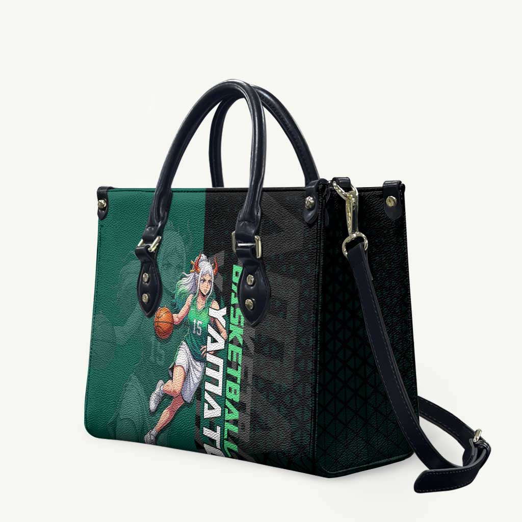 Yamato One Piece Basketball Theme Green and Black Design Leather Bag with Oni Mask Emblem and Dynamic Pose - The Mazicc