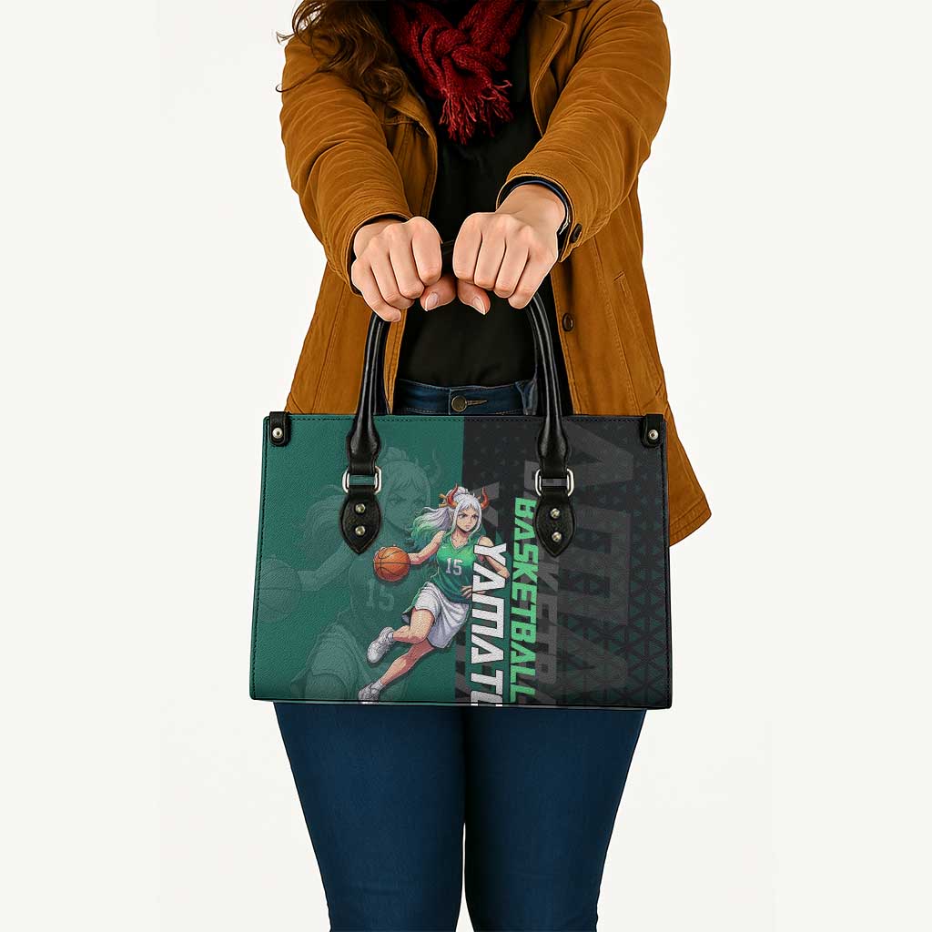 Yamato One Piece Basketball Theme Green and Black Design Leather Bag with Oni Mask Emblem and Dynamic Pose - The Mazicc