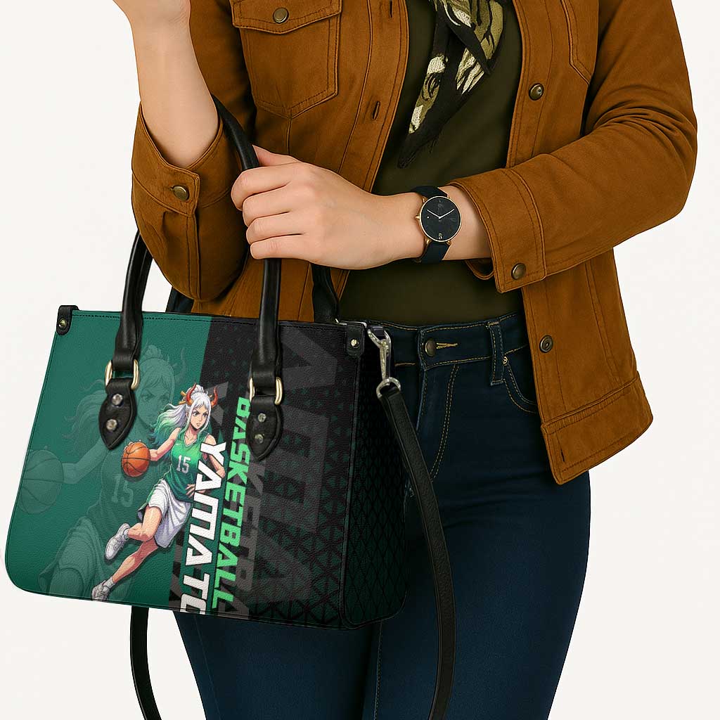 Yamato One Piece Basketball Theme Green and Black Design Leather Bag with Oni Mask Emblem and Dynamic Pose - The Mazicc