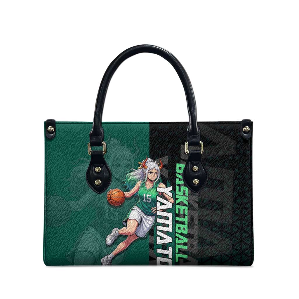 Yamato One Piece Basketball Theme Green and Black Design Leather Bag with Oni Mask Emblem and Dynamic Pose - The Mazicc