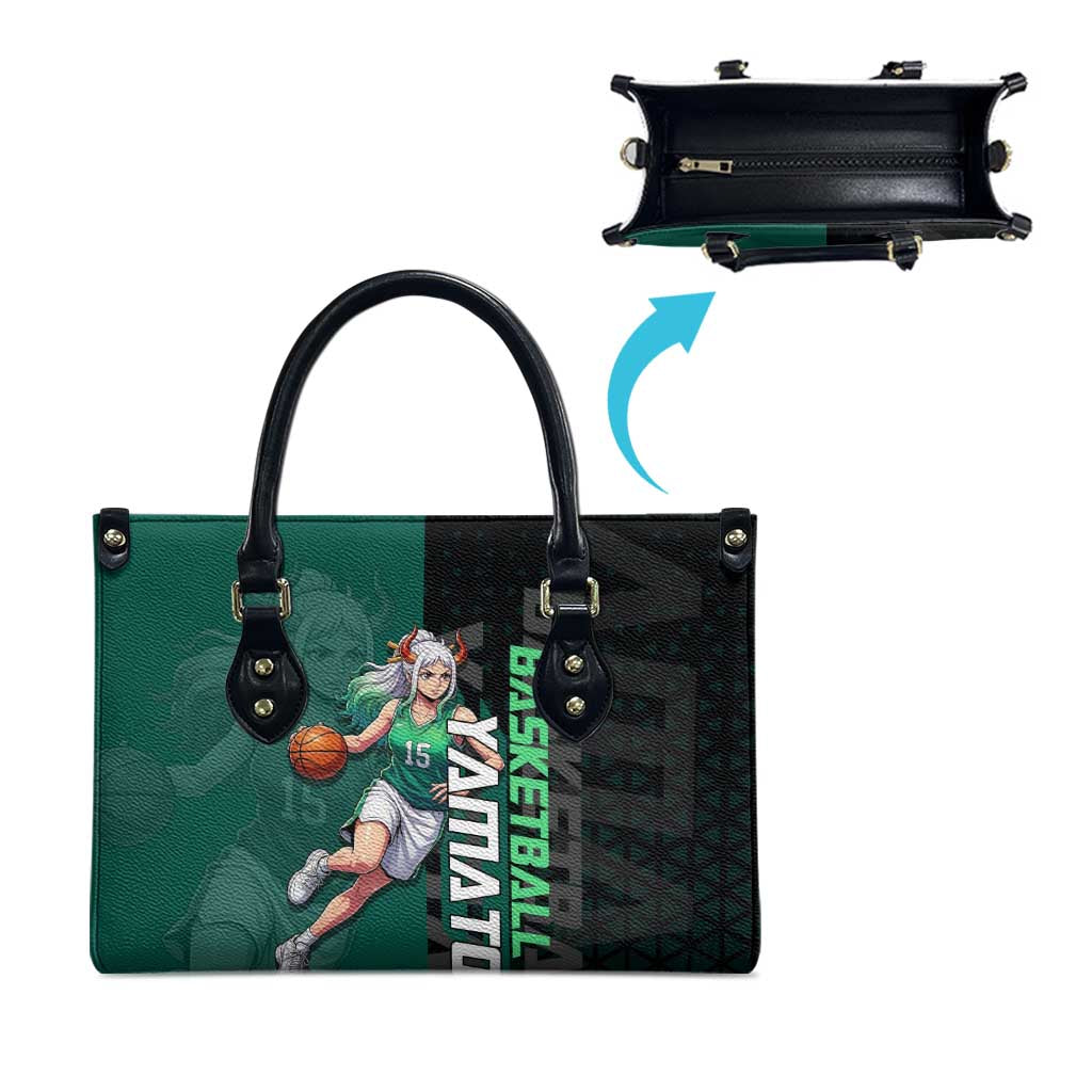 Yamato One Piece Basketball Theme Green and Black Design Leather Bag with Oni Mask Emblem and Dynamic Pose - The Mazicc