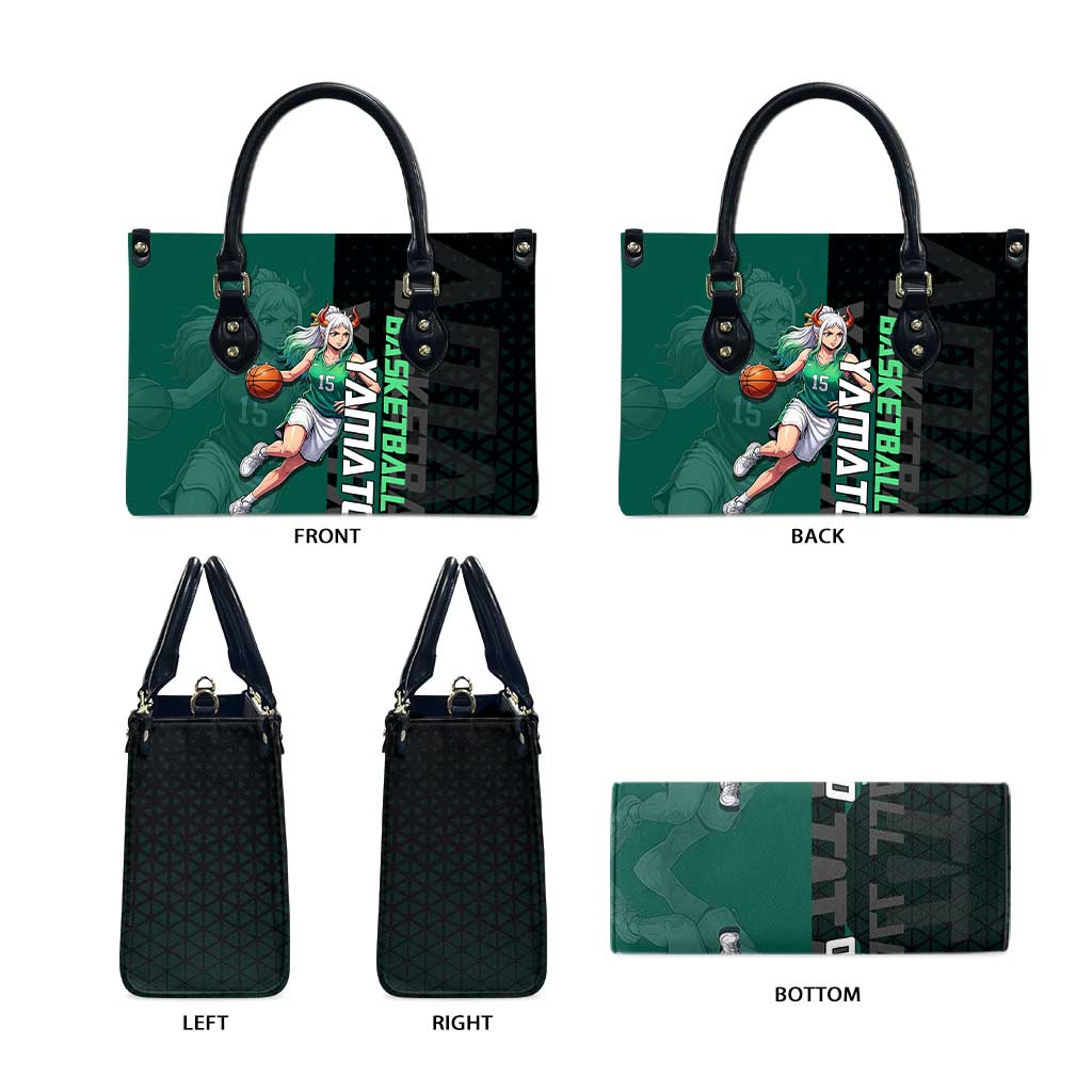 Yamato One Piece Basketball Theme Green and Black Design Leather Bag with Oni Mask Emblem and Dynamic Pose - The Mazicc