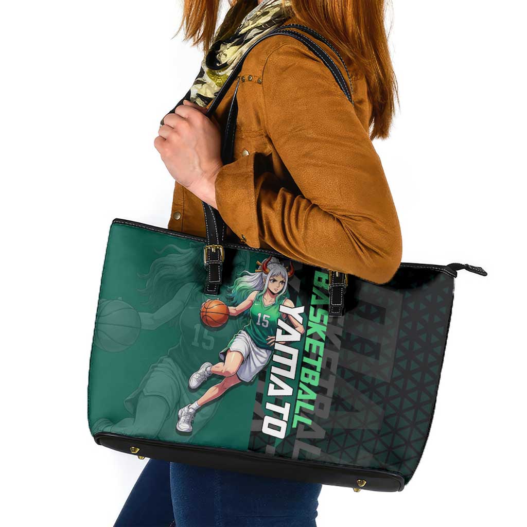 Yamato One Piece Basketball Theme Green and Black Design Leather Tote Bag with Oni Mask Emblem and Dynamic Pose - The Mazicc