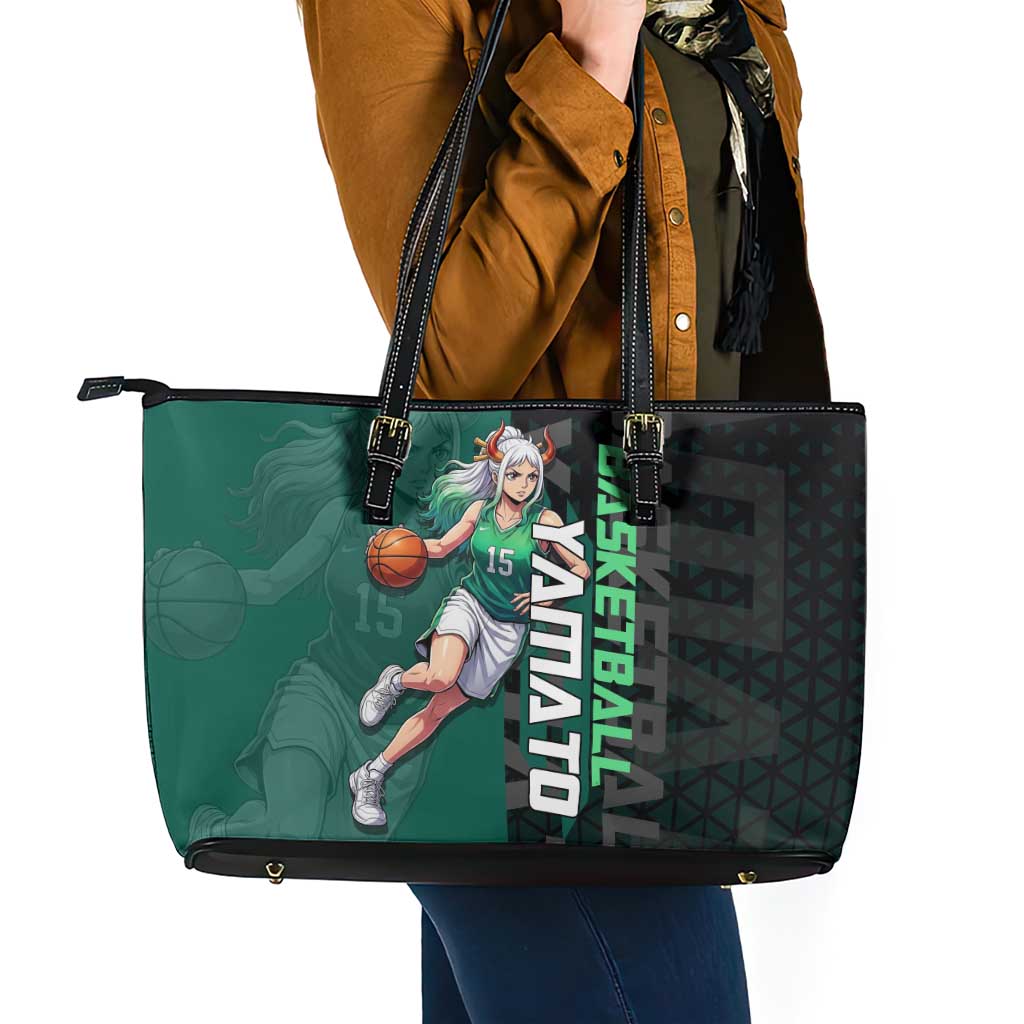 Yamato One Piece Basketball Theme Green and Black Design Leather Tote Bag with Oni Mask Emblem and Dynamic Pose - The Mazicc