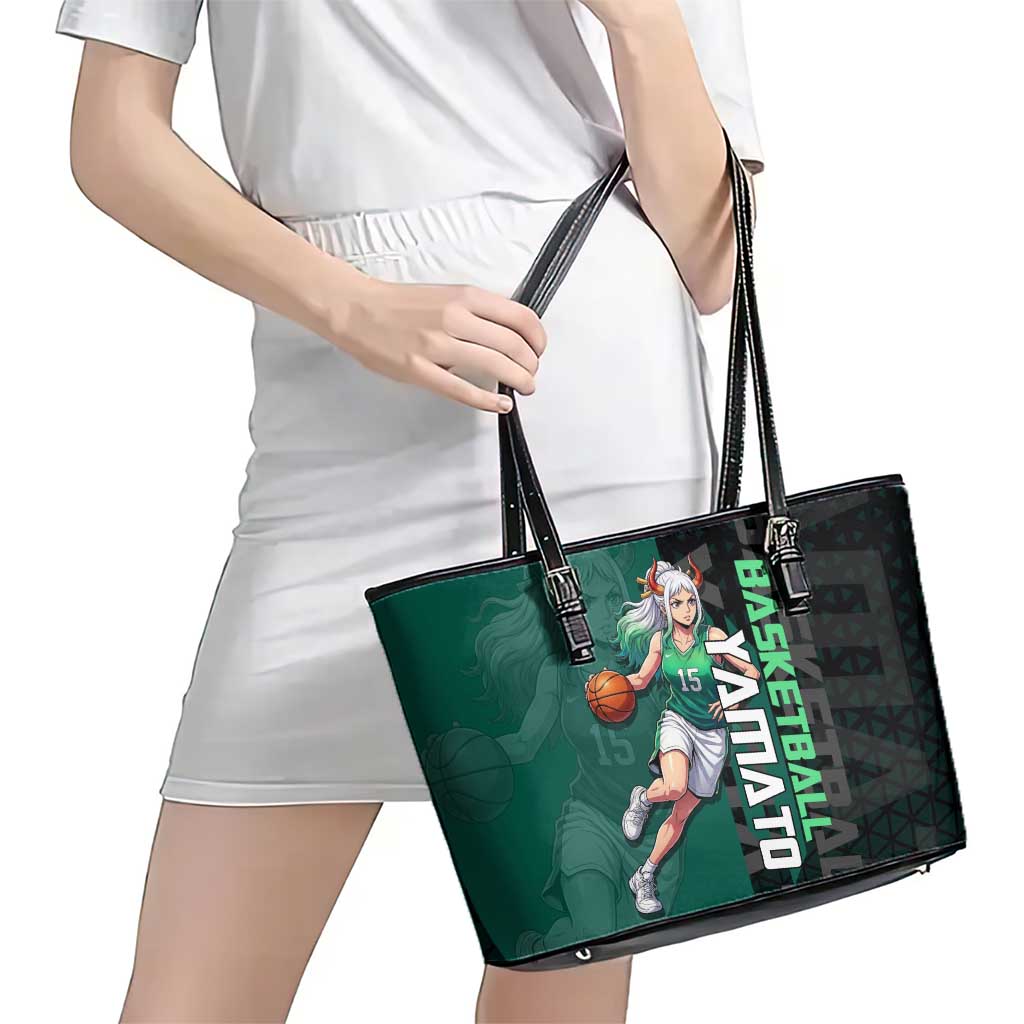 Yamato One Piece Basketball Theme Green and Black Design Leather Tote Bag with Oni Mask Emblem and Dynamic Pose - The Mazicc