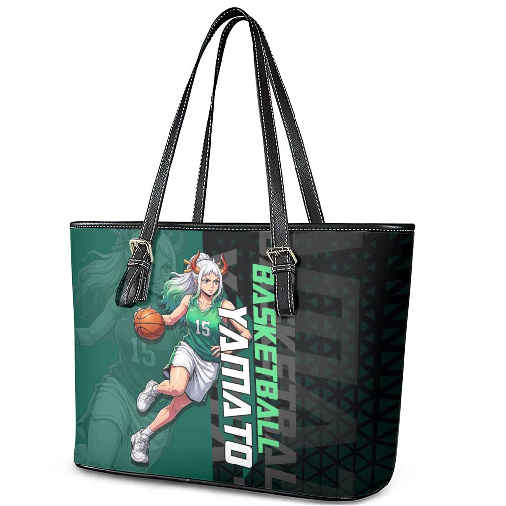 Yamato One Piece Basketball Theme Green and Black Design Leather Tote Bag with Oni Mask Emblem and Dynamic Pose - The Mazicc