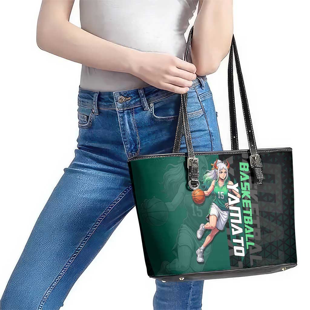 Yamato One Piece Basketball Theme Green and Black Design Leather Tote Bag with Oni Mask Emblem and Dynamic Pose - The Mazicc