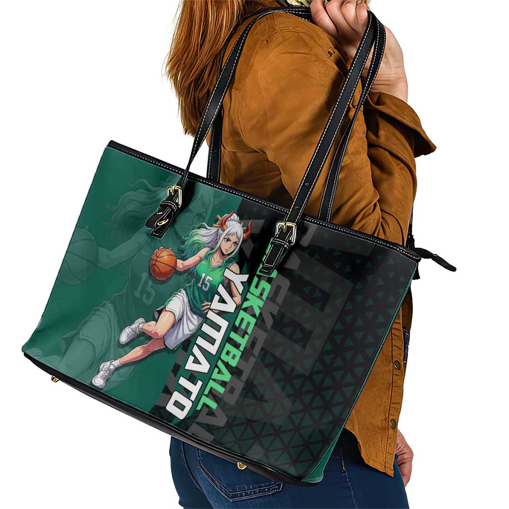 Yamato One Piece Basketball Theme Green and Black Design Leather Tote Bag with Oni Mask Emblem and Dynamic Pose - The Mazicc